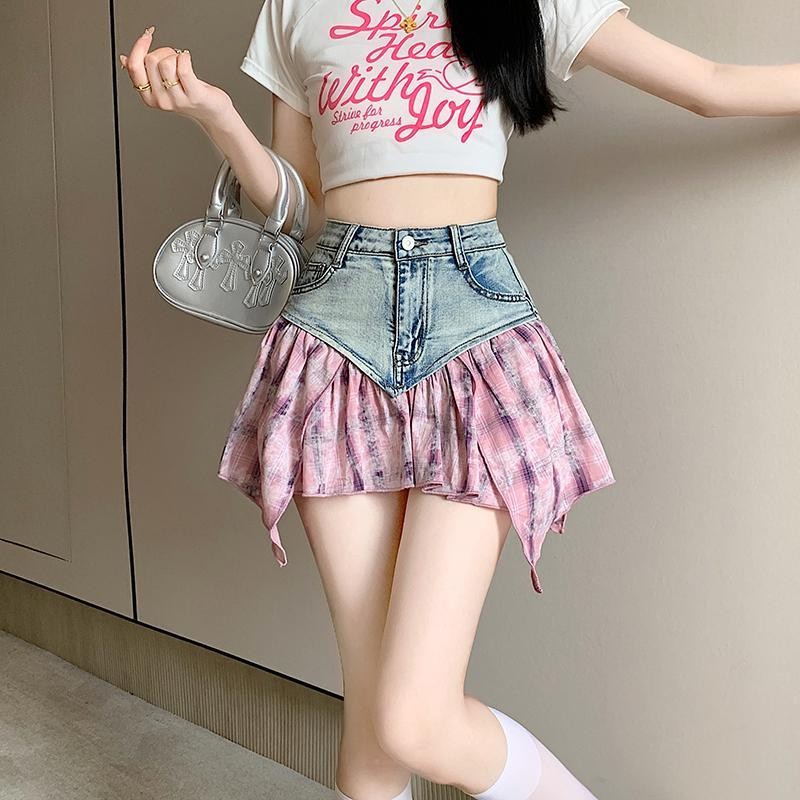 Váy Nữ Kẻ Sọc Màu Hồng Khâu Denim chữ a Eo Cao Chống chói Váy Không Đều