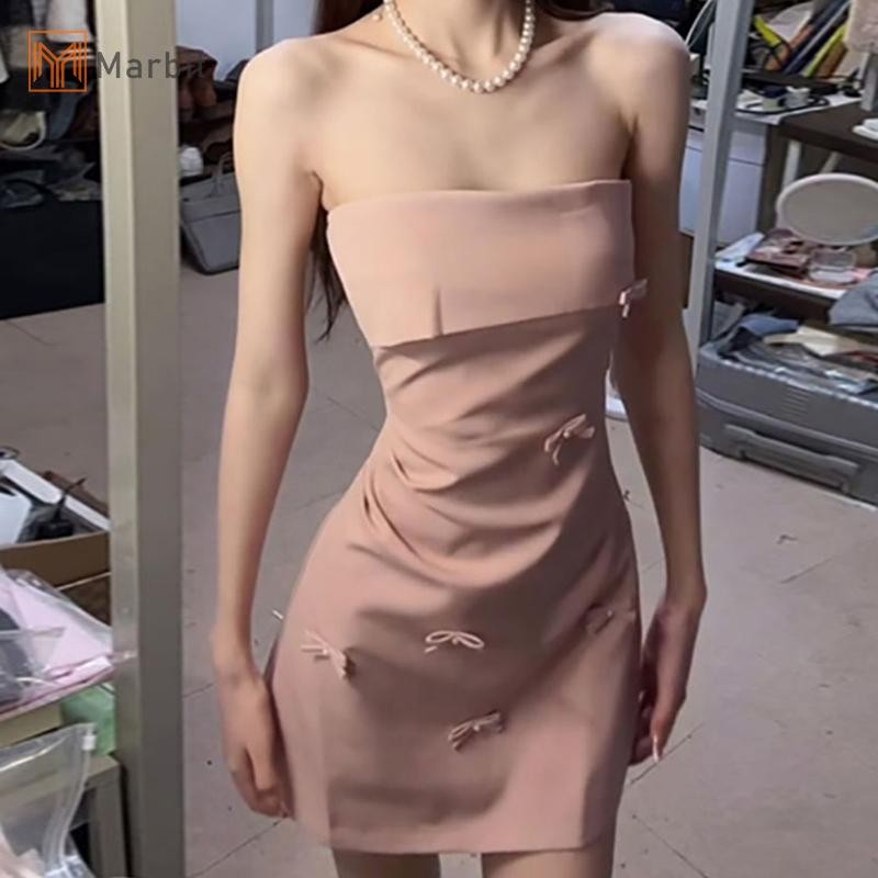 Marbit Màu Hồng 3D Nơ Dây Đầm Nữ Mùa Hè Gợi Cảm Sang Trọng Tiệc Sinh Nhật Váy Ngắn Mới