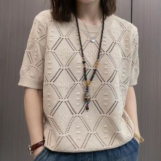 Nữ Thời Trang Dệt Kim Ngắn Tay Top 2023 Jacquard Rỗng Bao Thịt Áo Len Mỏng Áo Sơ Mi Nhỏ 4.11