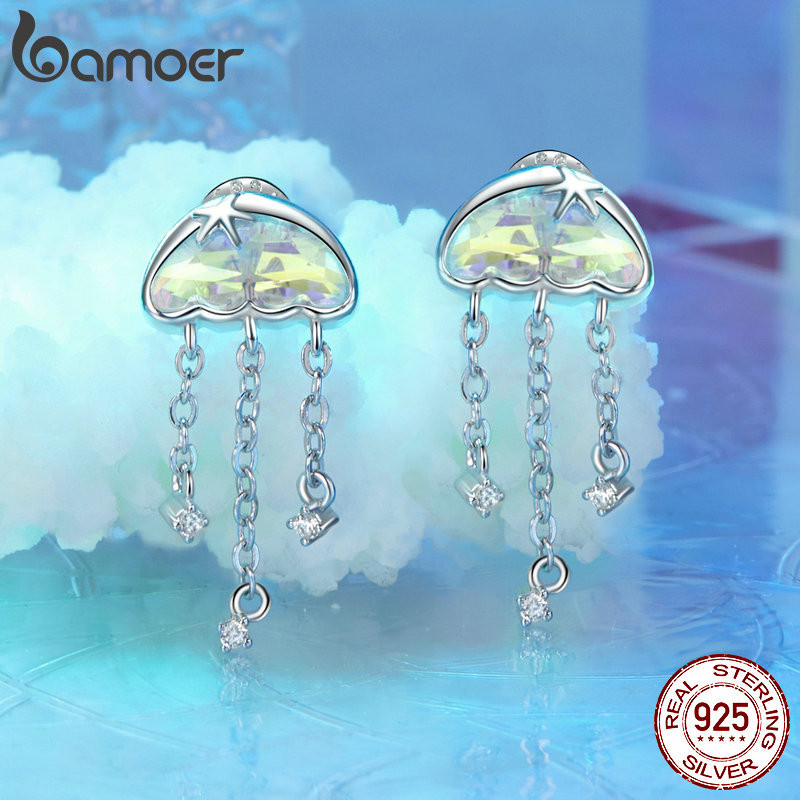 Bamoer 925 Sterling Sliver Bông Tai Iridescent Thạch Thiết Kế Trang Sức Quà Tặng Cho Nữ