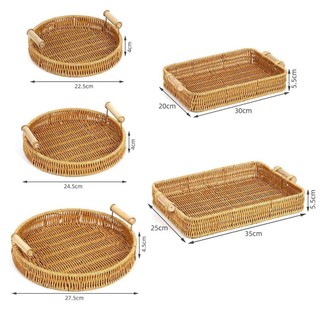 MEGOCE 1 Cái Giỏ Mây Dệt Tay, Khay Đựng Thực Phẩm Bánh Mì Ăn Sáng Hình Tròn, Đĩa Thực Phẩm Bền Có Tay Cầm Trái Cây Rau Bánh Xẻ Bánh Nhựa Mây Chỉ Giỏ