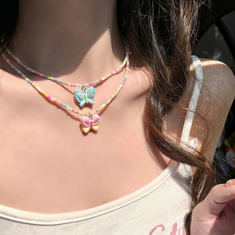 Vòng cổ mặt dây chuyền hình bướm màu kẹo dành cho nữ - Vòng cổ đính cườm Dopamine - Thời trang Hàn Quốc Ngọt ngào thanh lịch - Vòng cổ chuỗi xương đòn đi biển cho bé gái - Phụ kiện trang sức phổ biến