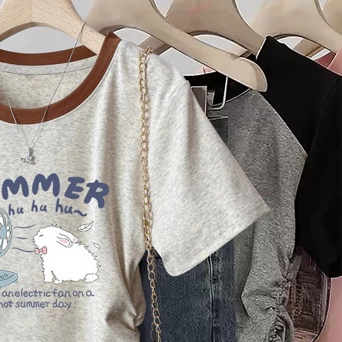 Suxi Ngọt Ngào In Hoạt Hình Mùa Hè Mới Thường Ngày Slim Fit Đa Năng Cổ Tròn Tay Ngắn Áo Thun Nữ Nguyên Chất Cotton Top 240529