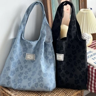 Túi Tote Polyester in hoa, túi vải đeo vai dung tích lớn thông thường