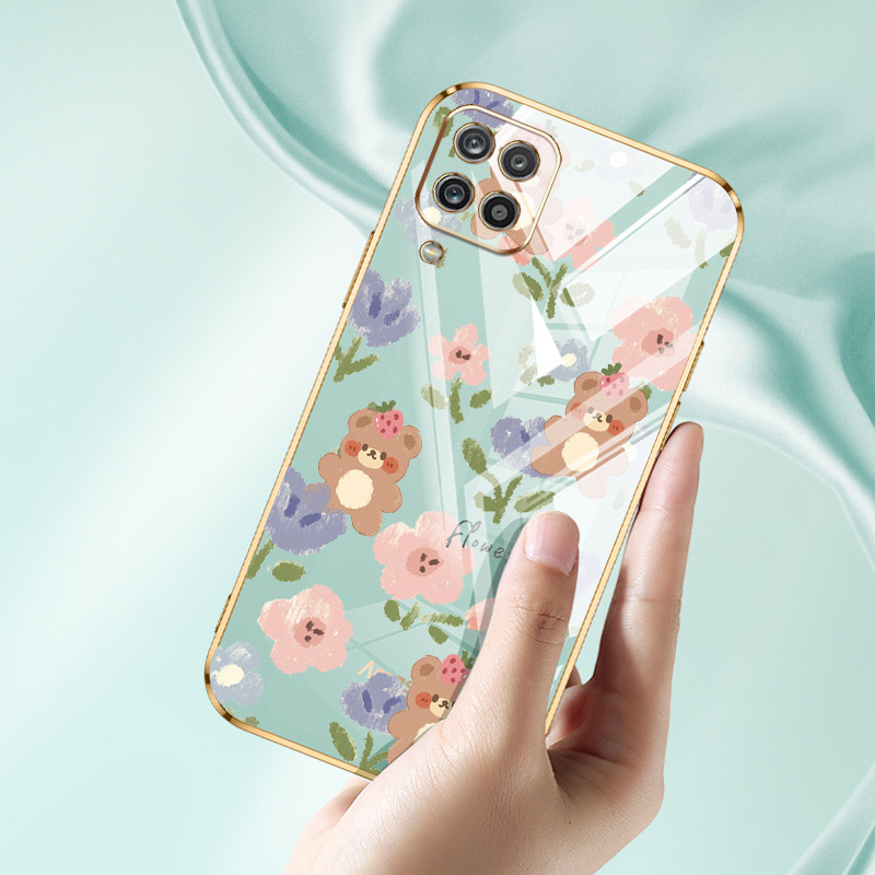 Ốp Điện Thoại YBD Cho Samsung Galaxy A12 Nacho M12 A12S F12 A22 4G 5G M22 M32 F22 4G Họa Tiết Gấu Hoa Nhỏ Dễ Thương Đi Kèm Dây Treo Silicon Cùng Màu