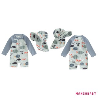 Mg-toddler Boy Rash Guard Đồ bơi có mũ 2 chiếc Bộ cá họa tiết cá mập có khóa kéo dài tay cổ tròn cho bé trai Đồ bơi