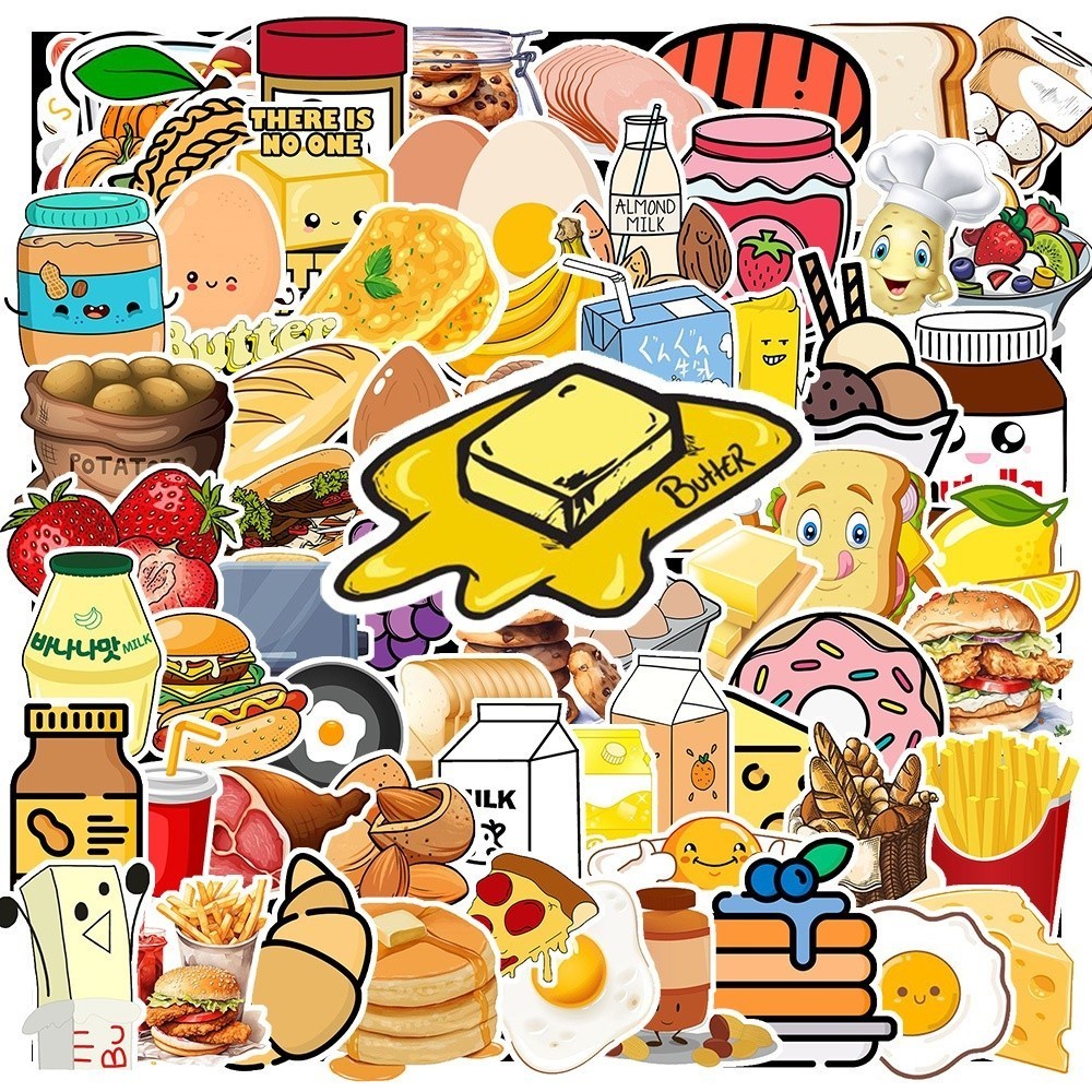 Bộ Sticker - 100 Miếng Dán Sticker Trang Trí Laptop | Điện Thoại - Hình Bơ Và Bánh Mì Nghệ Thuật Tối Giản