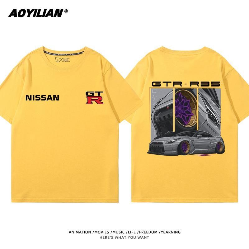 [Yếu tố cần thiết mùa hè] Áo thun Nissan Nhật Bản GTR God of War R35R34 Sửa đổi Hạm đội Áo thun hạng nặng Nam Nữ Nửa tay JDM Work Top Quần áo