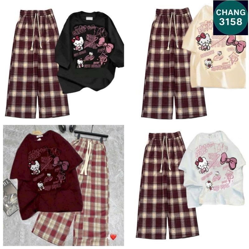 Tổng Hợp Các Sét Quần Kẻ Caro màu ĐỎ  ống Rộng + Mix Áo Phông Form Rộng -CHANG 3158