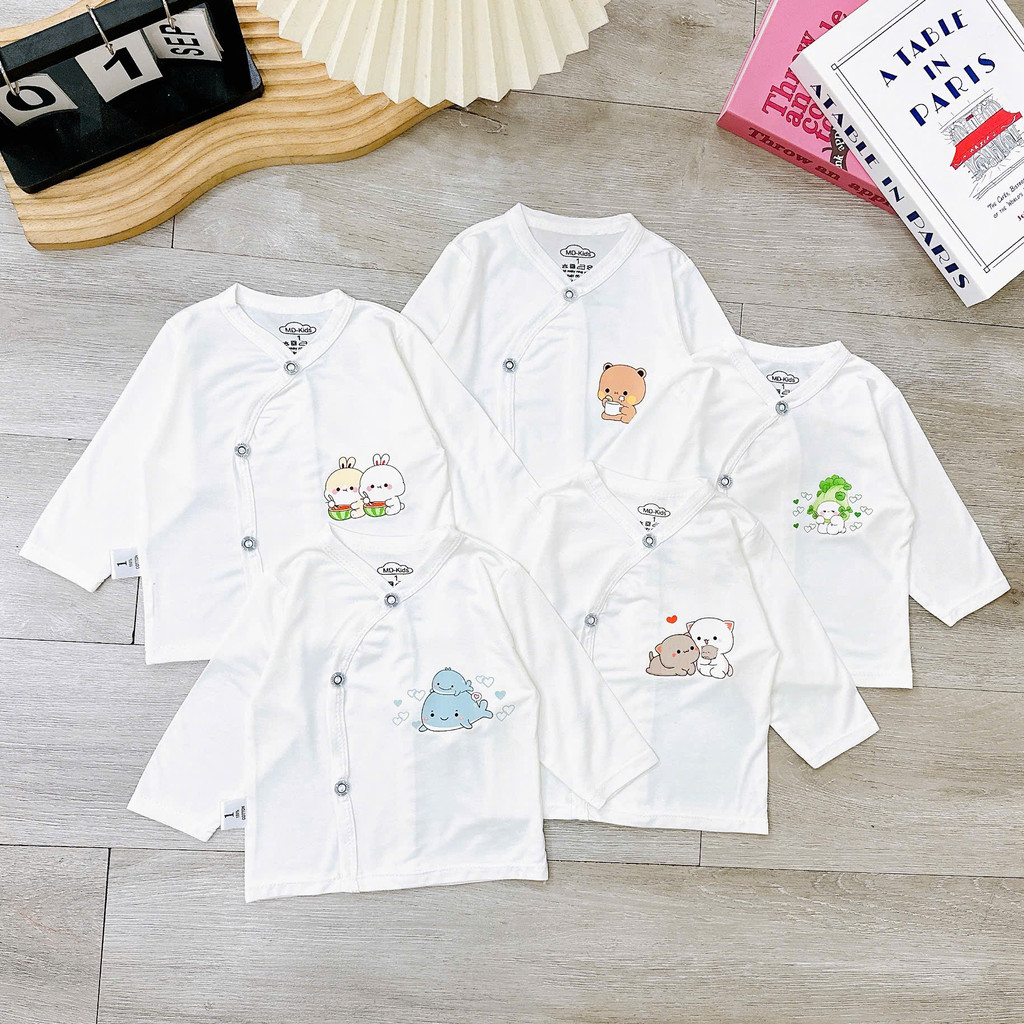 Áo Sơ Sinh Dài Tay Cài Chéo MD Kids Chất Petit Mềm Mát Nền Trắng Trơn Hình Thú Cho Bé Sơ Sinh Bé Trai Bé Gái 0-9m(3-9kg)