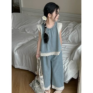 Set áo ba lỗ denim + quần ống rộng bé gái – Chất mềm mát, phong cách Hàn Quốc cá tính mùa hè