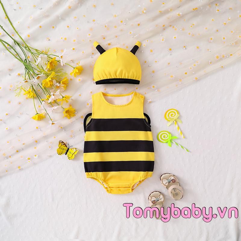 Bé Gái Rompers Trang Phục Ong Sọc Cổ Tròn Không Tay Áo Liền Quần Trẻ Sơ Sinh Có Mũ Và Cánh