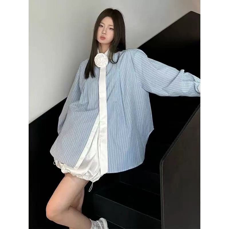 SUXI Áo sơ mi nữ sọc xanh đơn giản giản giản dị mới mùa xuân 250326