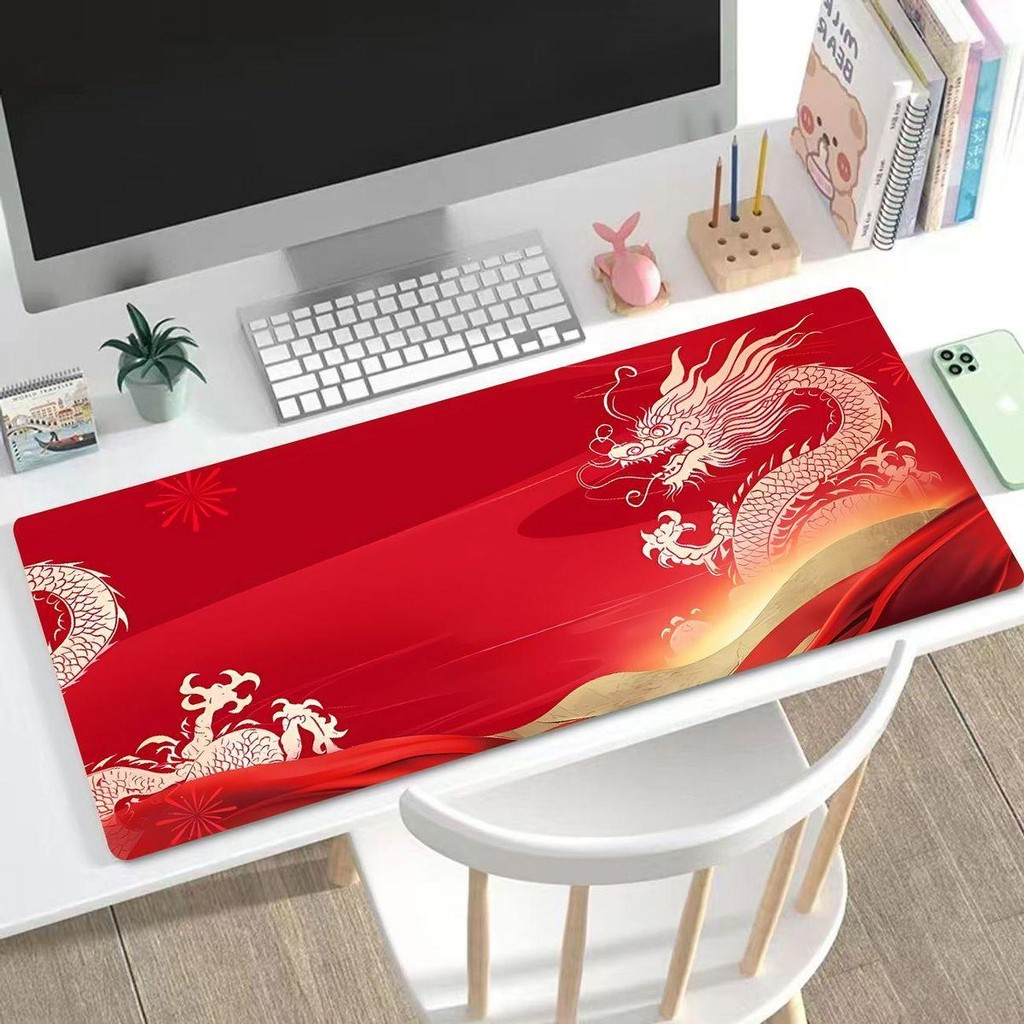Tấm lót chuột lớn hình rồng Trung Quốc màu đỏ & Thảm để bàn dành cho người lớn Bé trai - Đế cao su chống trượt có viền khâu, hoàn hảo để trang trí văn phòng & nội thất!