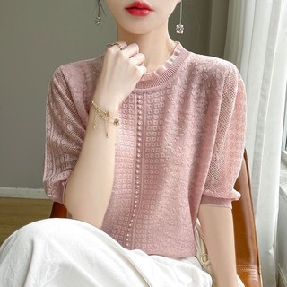 Mùa hè Phong Cách Mới Ren Rỗng Đan Nữ Tay Ngắn Cổ Tròn Nửa Tay Top Rời Ngọc Trai Nửa @ -