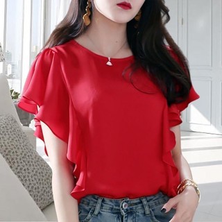 Sang Trọng Xù Áo Sơ Mi Voan Tay Ngắn Mùa Hè 2023 Kích Thước Lớn Rời Ôm Hơn Nhìn Áo Thun Bao Bụng Top Nữ