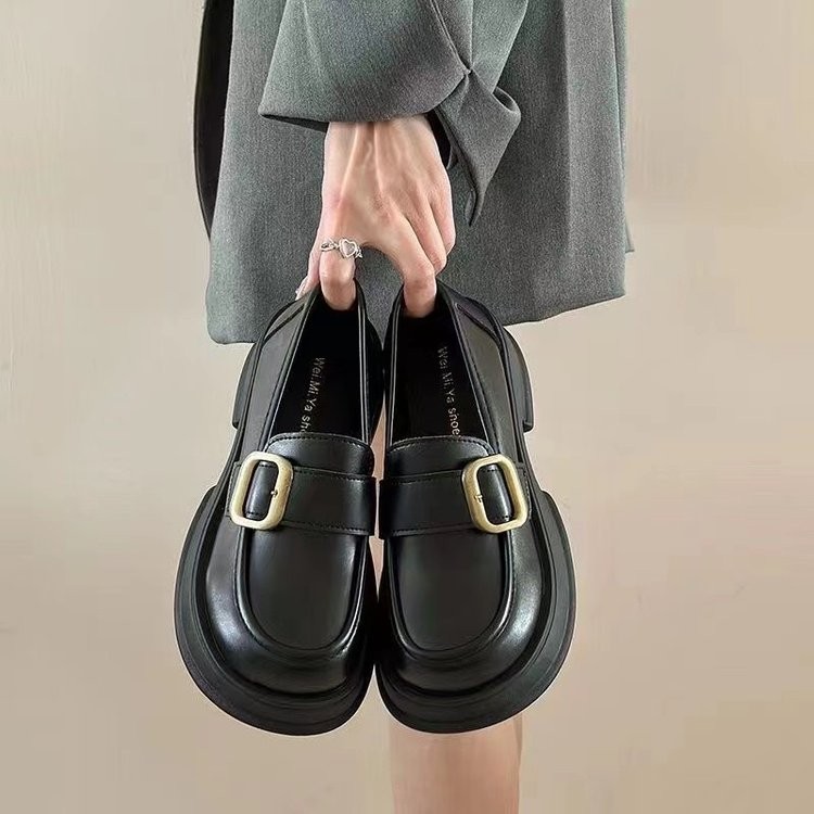 Mũi Tròn Dày Gót Slip-On Loafers Khóa Kim Loại PU Đế Dày Nhật Bản jk Giày Sinh Viên Pháp Đen Da Nhỏ Giày Đi Làm Giày Đi Làm Nhà Máy Giá Bán Buôn