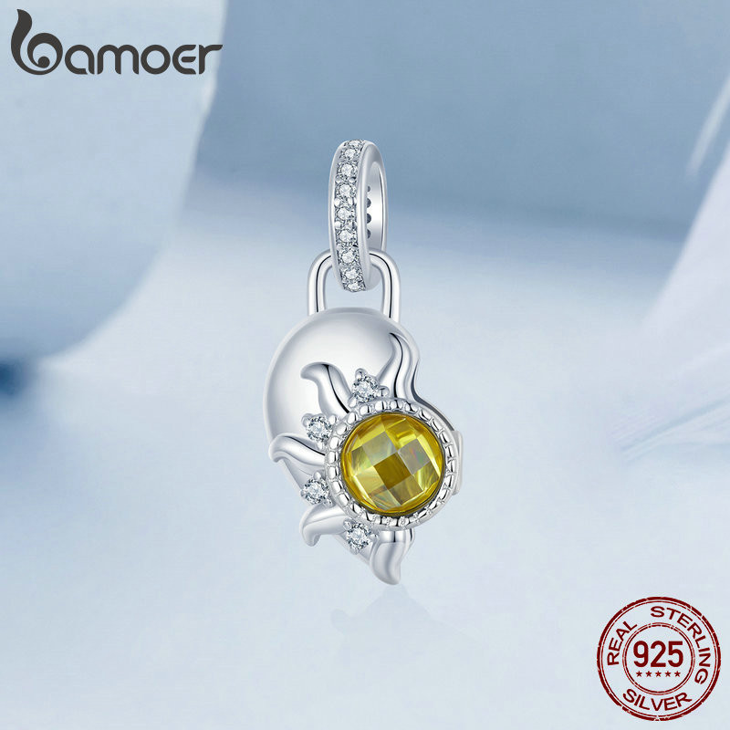 Phụ kiện mặt dây chuyền trái tim mặt trời và mặt trăng Bamoer 925 Sterling Sliver Charm cho vòng tay