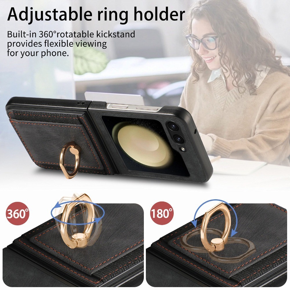 Ốp Điện Thoại Da PU Retro Cho Samsung Z Flip 6 5 4 3 2 Flip6 Flip5 Flip4 Flip3 Flip2 5G Nhẫn Khe Cắm Thẻ Ví