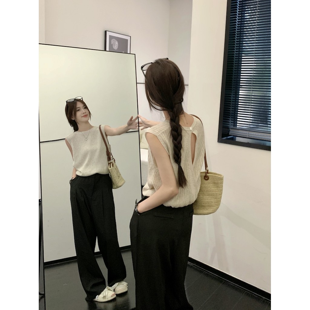 Suxi Backless Loose Đơn giản Mùa hè Áo dệt kim mới dành cho nữ Crop Top 240530