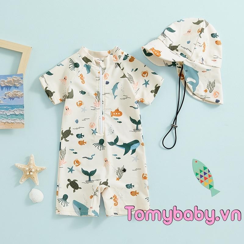Đồ Bơi Bé Trai Chống Nắng Tay Ngắn Cổ Tròn In Hình Động Vật Dây Kéo Đồ Bơi + Mũ