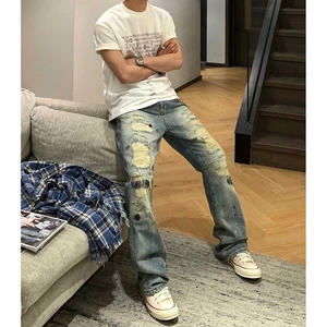 Quần jeans thẳng rách mới mùa xuân 2025 cho nam, phiên bản Hàn Quốc, đã giặt