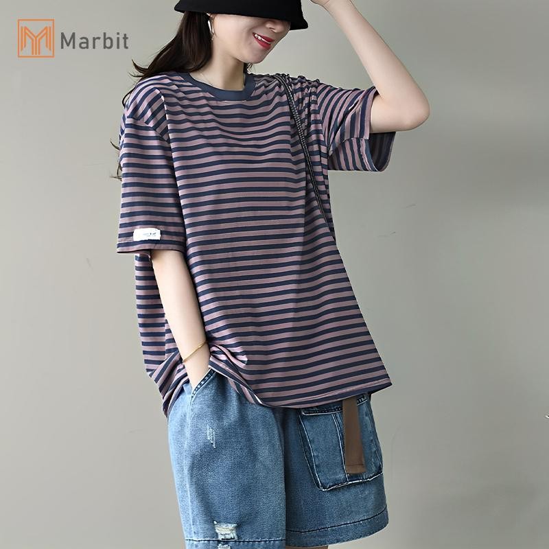 Marbit Nữ Thời Trang Mùa Hè Áo Thun Nữ Tay Ngắn Cổ Tròn Phong Cách Hàn Quốc Sọc Rời Tee Mới