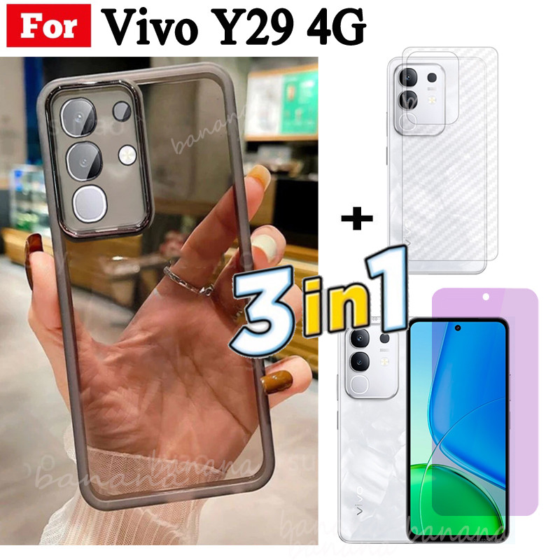 Ốp điện thoại Vivo Y29 4G Y19S Vỏ mềm trong suốt mạ bảo vệ Camera và kính cường lực và mặt sau 3 trong 1