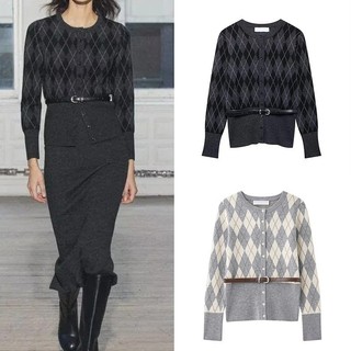 Áo cardigan Zara made in Morocco ô kim cương xám đen và chân váy trơn cùng bộ