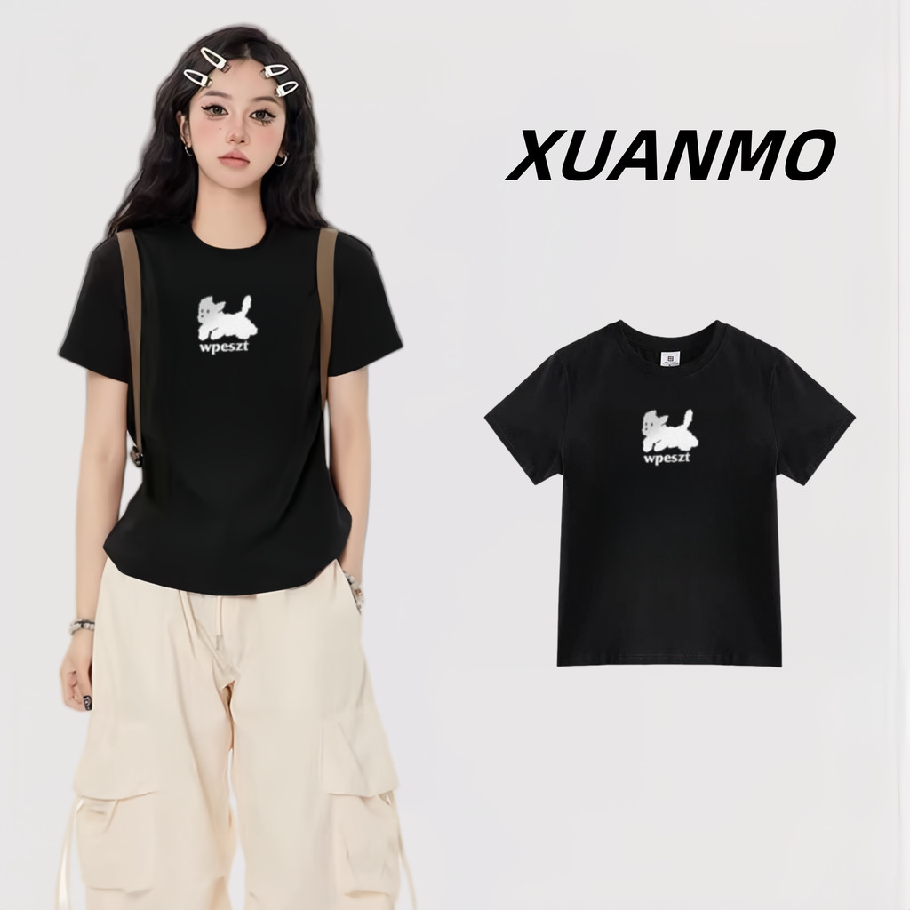 XUANMO Local brand Áo baby tee Áo Thun ôm body Áo y2k cotton Áo thun nữ ngắn tay in hình cổ tròn đơn giản thời trang màu đen phong cách Mỹ