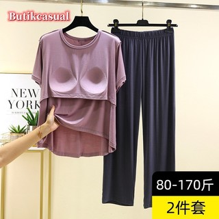 Phụ Nữ Ngực Miếng Lót 2 Bộ Modal Đồng Bằng Bộ Rời Áo Thun Tay Ngắn Bộ Đồ Ngủ Mùa Hè Quần Rộng