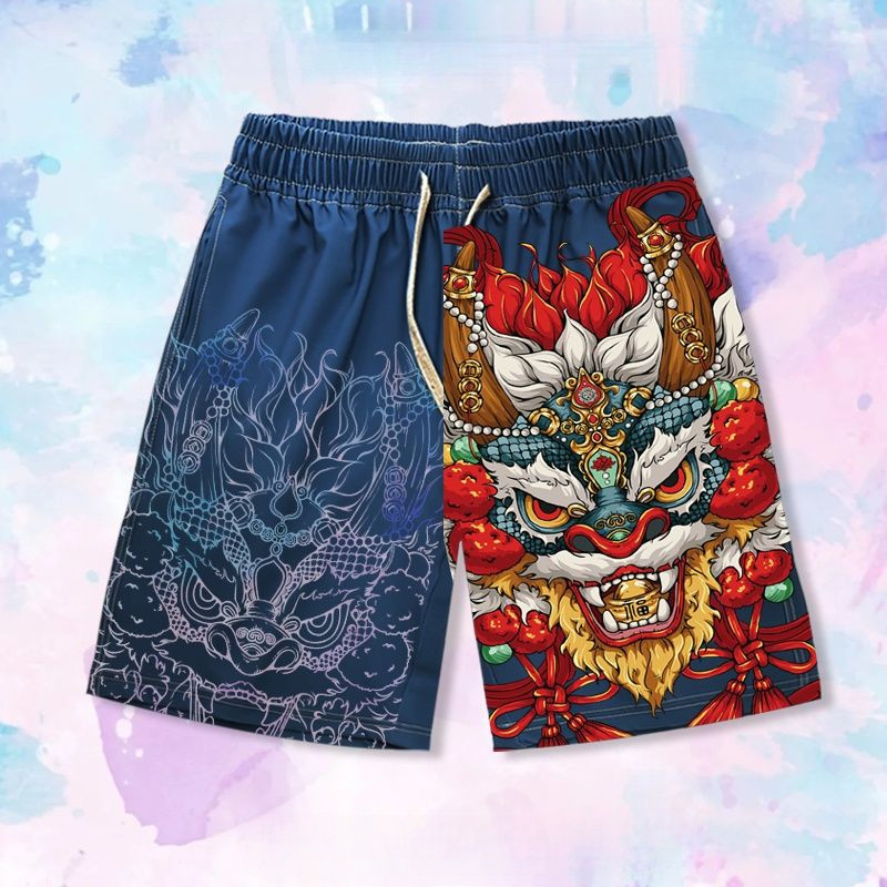 Quần short retro rộng rãi phong cách Trung Quốc, quần bãi biển Hawaii unisex thời thượng