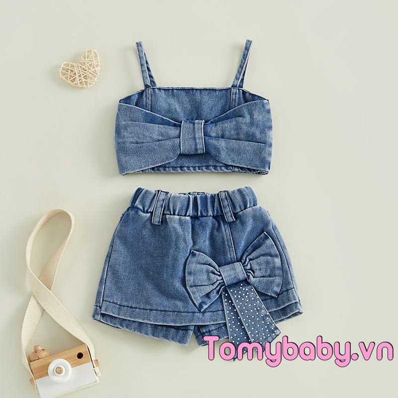 Bộ trang phục 2 món mùa hè cho bé gái Bộ Áo hai dây Denim cổ điển kèm quần short nơ