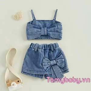 Bộ trang phục 2 món mùa hè cho bé gái Bộ Áo hai dây Denim cổ điển kèm quần short nơ