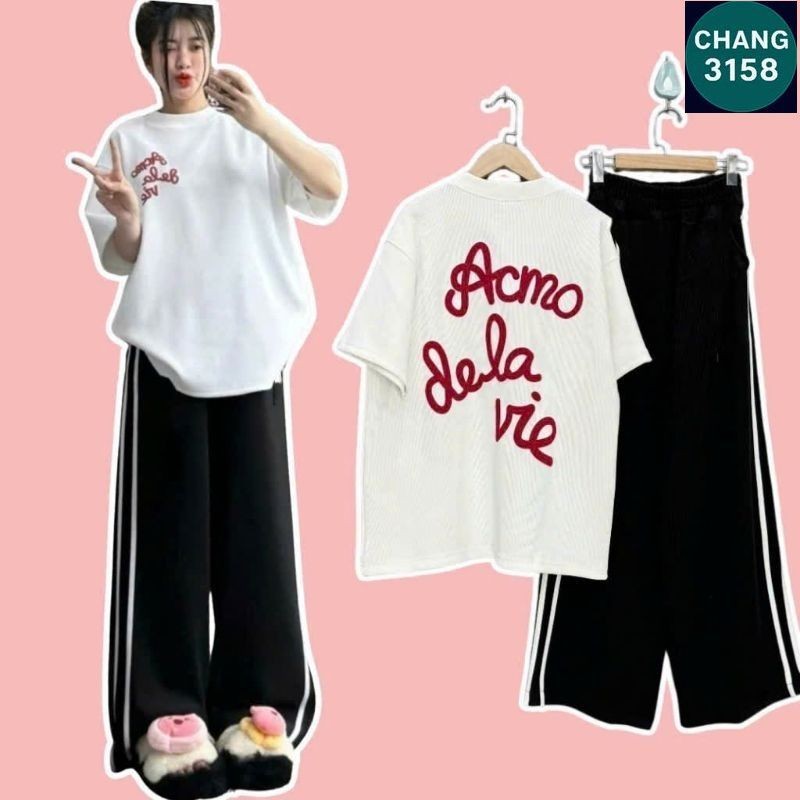 Tổng Hợp Sét Bộ Quần Áo DELA Unisex Form Rộng Gồm  Quần Ống Suông + Mix Áo Phông Dela cotton-CHANG 3158