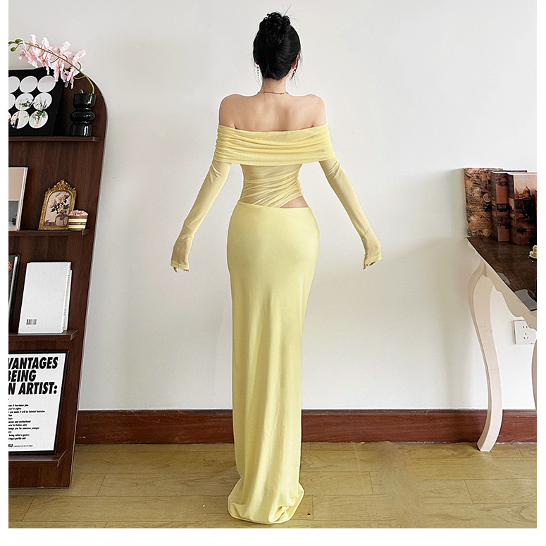 Klalien Xếp Chồng Lưới Xếp Ly Nữ Đầm Maxi Thời Trang Nóng Nhìn Xuyên Qua Full Tay Tắt Vai Bodycon Mujer Gợi Cảm Độc Đáo Đảngwear