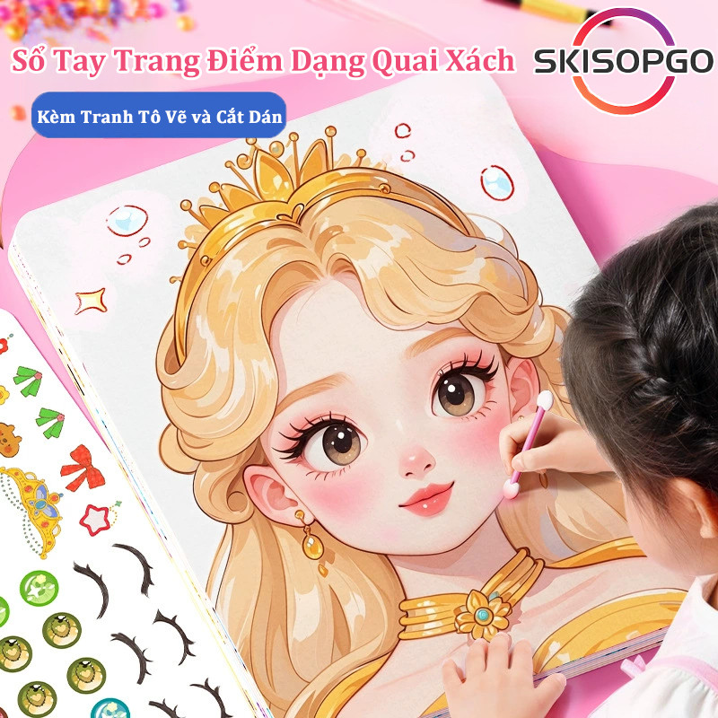 【SKISOPGO】Sổ Tay Trang Điểm Dạng Quai Xách - Bộ Đồ Chơi Học Trang Điểm Cho Bé, Kèm Tranh Tô Vẽ và Cắt Dán