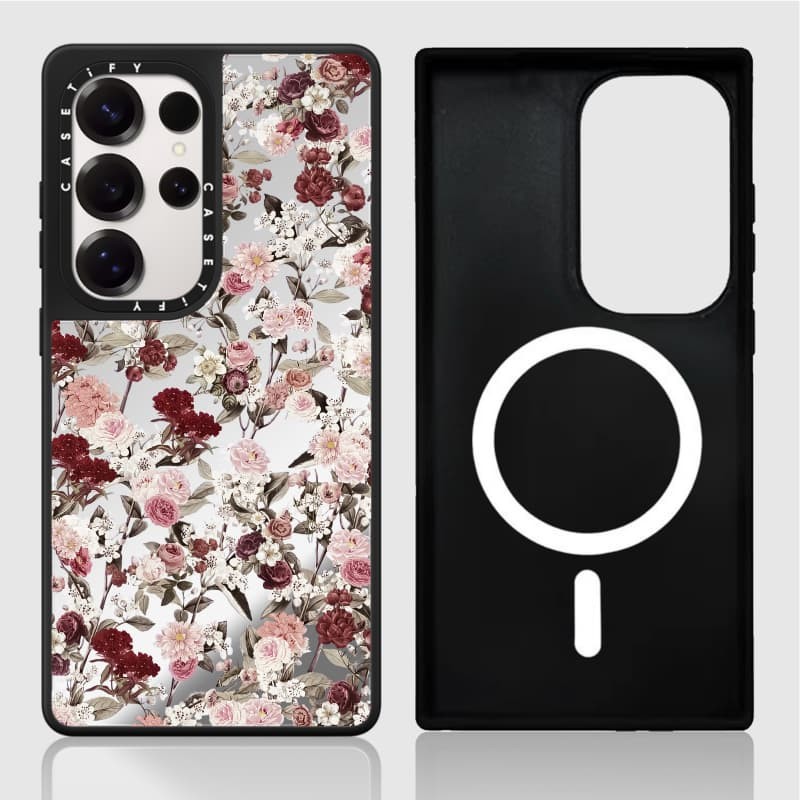 Casetify X Ốp lưng in hoa Matte Black & Sliver Mirror Vỏ hút từ tính Samsung Galaxy S23 S24 S25 Ultra Plus Mặt sau cứng có hộp khắc logo