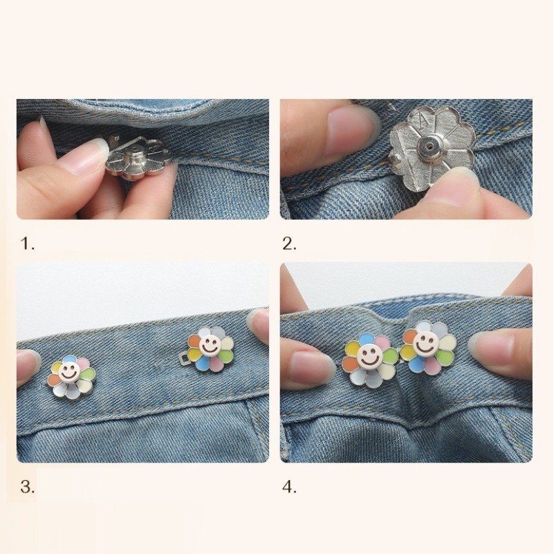 Dễ Thương Mặt Cười Hoa Phẳng Eo Khóa Đôi Khóa Không Móng Tay Có Thể Tháo Rời Nút Hoa Quần Eo Kích Thước Thay Đổi Thời Trang Quần Áo Phụ Kiện