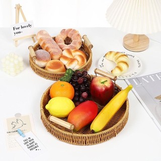 MEGOCE 1 Cái Giỏ Mây Dệt Tay, Khay Đựng Thực Phẩm Bánh Mì Ăn Sáng Hình Tròn, Đĩa Thực Phẩm Bền Có Tay Cầm Trái Cây Rau Bánh Xẻ Bánh Nhựa Mây Chỉ Giỏ