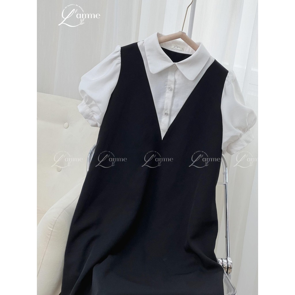 Ảnh Váy bầu, đầm bầu tay bồng LIZ Dress thiết kế giả yếm thanh lịch, sang trọng tiểu thư chất liệu chéo hàn mềm mại L'amme 3