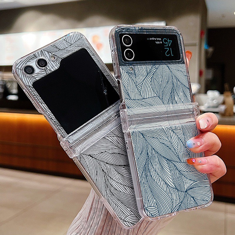 Họa Tiết Lá Trong Suốt Vỏ Điện Thoại Cho Samsung Galaxy Z Flip5 Flip4 Flip3 Full Bản Lề Cứng Trong Suốt Gấp Ốp Lưng Cho Samsung Z Flip 5 4 3
