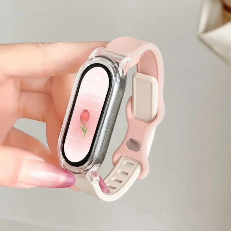 Ốp lưng trong suốt + Dây đeo cho Xiaomi Mi Band 10 9 8 7 6 5 4 3 NFC Dây đeo thoáng khí Vòng tay mềm cho phụ kiện dây đeo cổ tay Mi Band 9