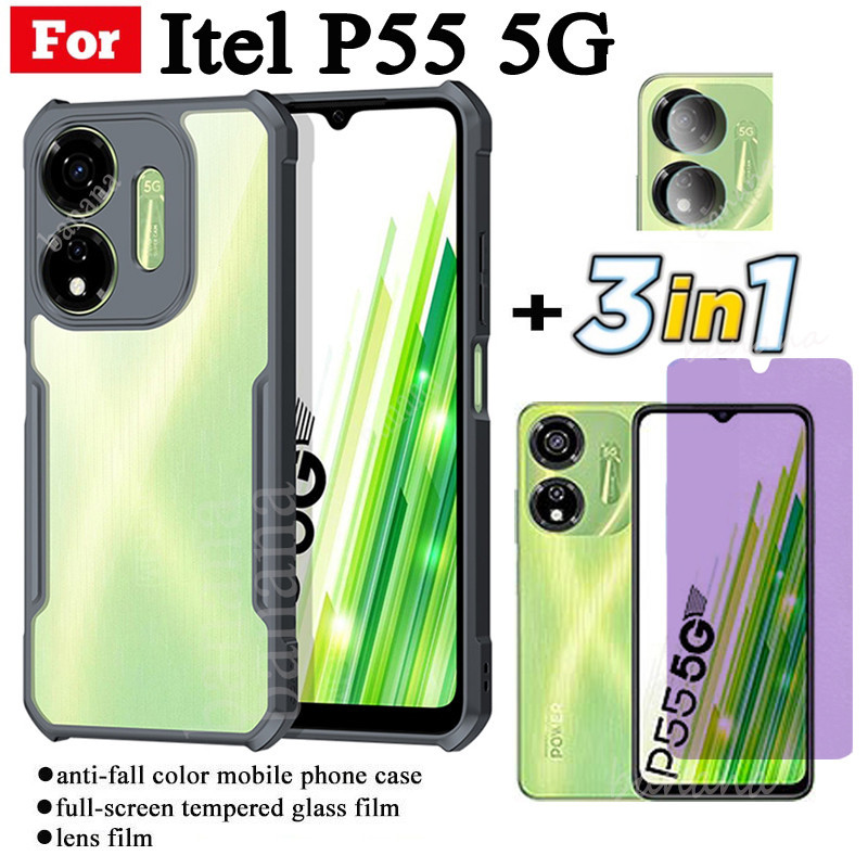 Ốp Điện Thoại Chống Sốc 3 Trong 1 Itel P55 5G Cho Itel RS4 S23 A70 P55 4G Power 55 Kính Cường Lực Và Ống Kính Chống Tia Xanh