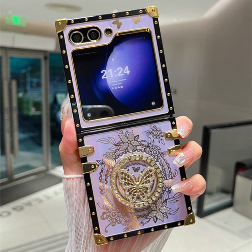 Sang Trọng Bling Lấp Lánh Aurora Bướm Đứng Ốp Lưng Điện Thoại Samsung Galaxy Z Flip 6 5 4 3 Flip6 Flip5 Flip4 Flip3 5G Giá Đỡ Bao