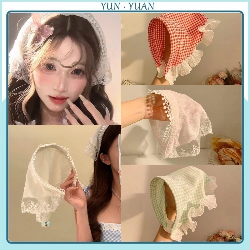 [Yunyuan] Băng đô dễ đeo, Khăn quàng cổ, Khăn tam giác tích hợp, Khăn vuông, Phụ kiện tóc phong cách mục vụ, Băng đô đi biển dành cho nữ, Ren, Đeo trực tiếp trên đầu
