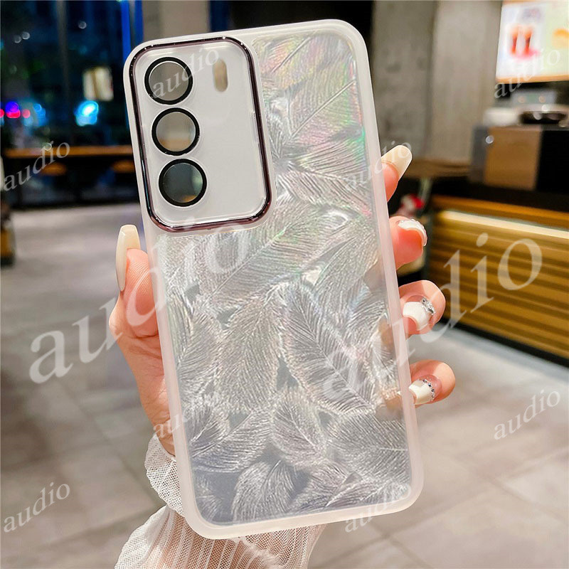 Ốp Điện Thoại Lấp Lánh Lông Vũ Laser Cho Oppo Reno 12 Pro 12Pro 12F 5G 4G Với Phim Bảo Vệ Ống Kính Máy Ảnh Trong Suốt Lông Vũ Vỏ Điện Thoại Cho Oppo Reno12 Pro 5G Ốp Lưng