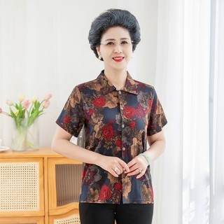 Quần áo bà mẹ trung niên cao tuổi - Áo sơ mi cotton lụa tay ngắn, thoải mái mặc ngoài