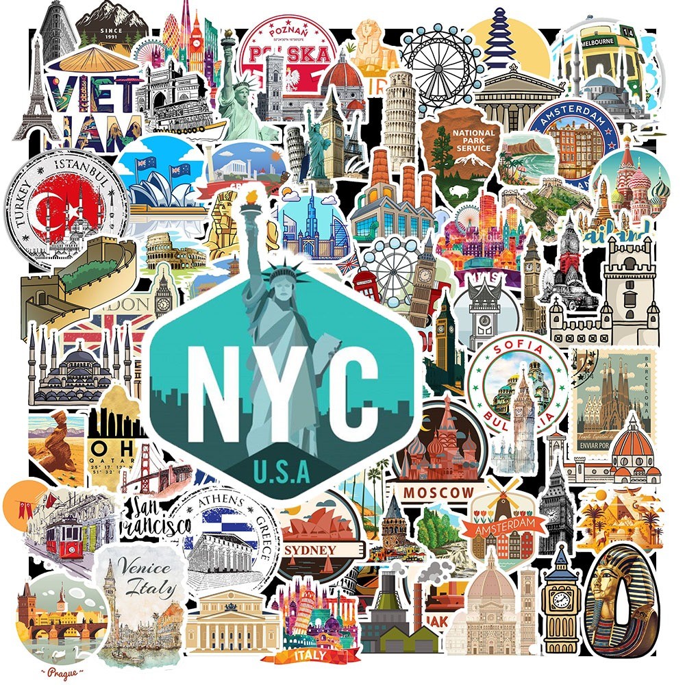Set 50 Sticker Kỳ Quan Thế Giới – Travel Du Lịch | Chống Nước