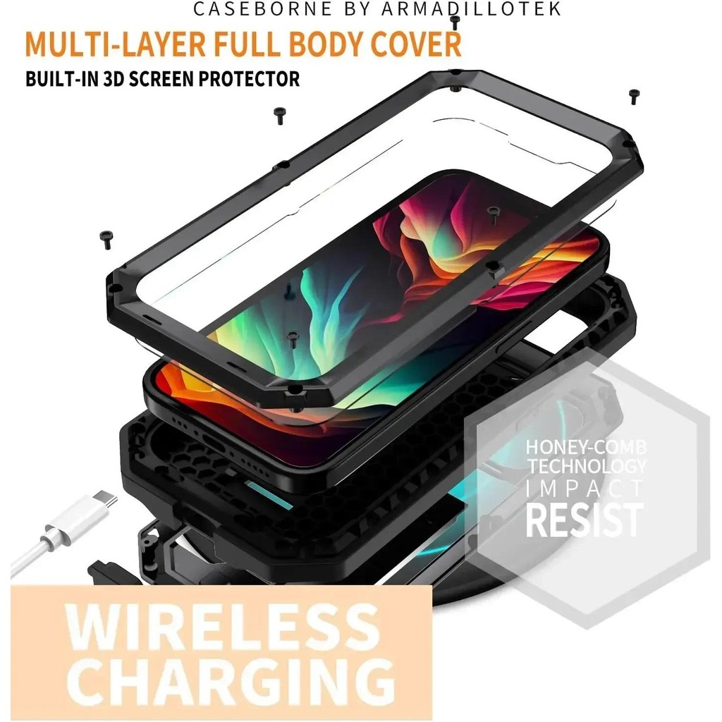 Hạng Nặng Giáp Chắc Chắn Kim Loại Dành Cho iPhone 17 16 15 Plus 14 13 Pro Max Vít Quân Sự Chống Sốc Bao Màn Hình Bảo Vệ Camera